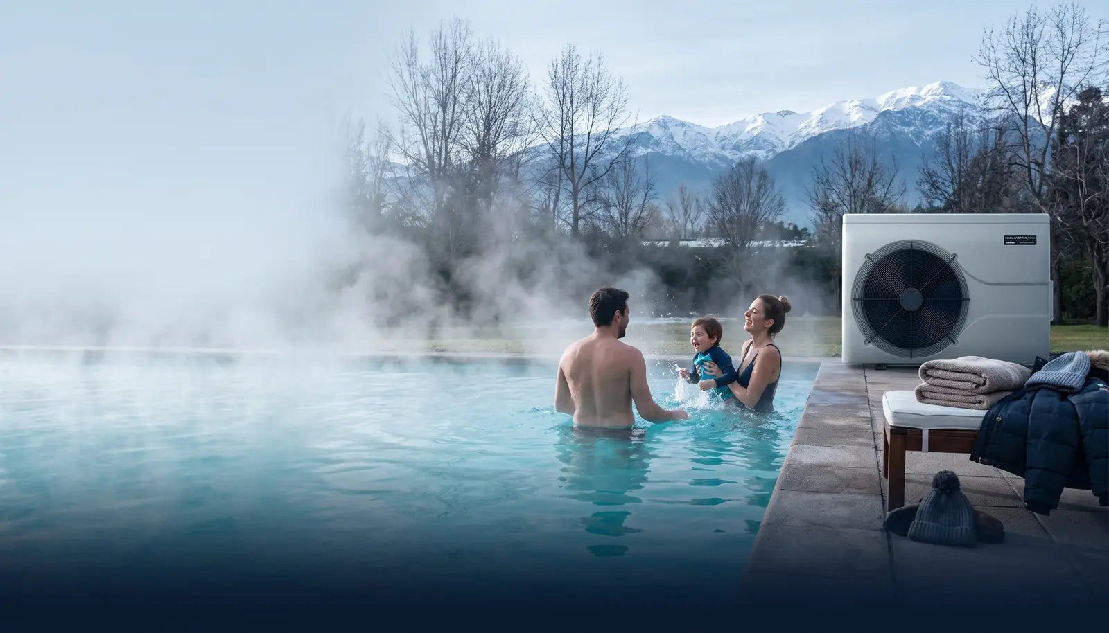 Familia disfrutando su piscina temperada en invierno junto a una bomba de calor Pool-Inverter Vulcano
