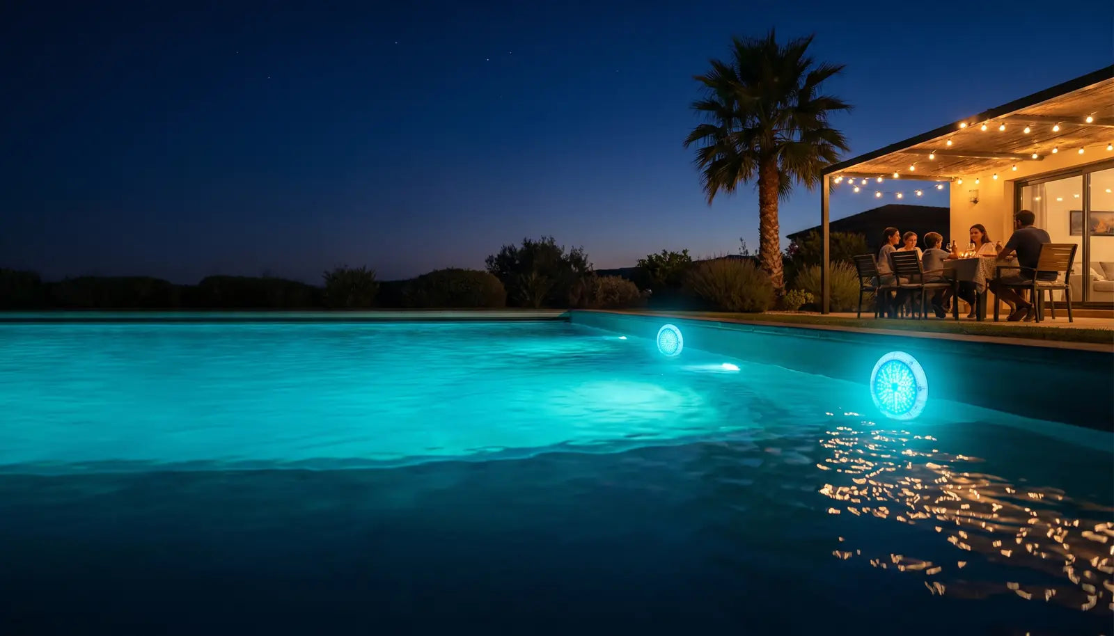 Piscina iluminada de noche con focos LED y una terraza familiar al fondo